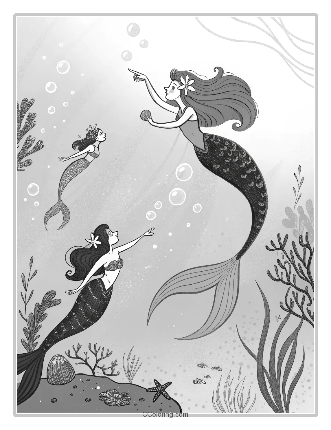 Monochrome Mermaid Scenes with Basic Bubble Patterns